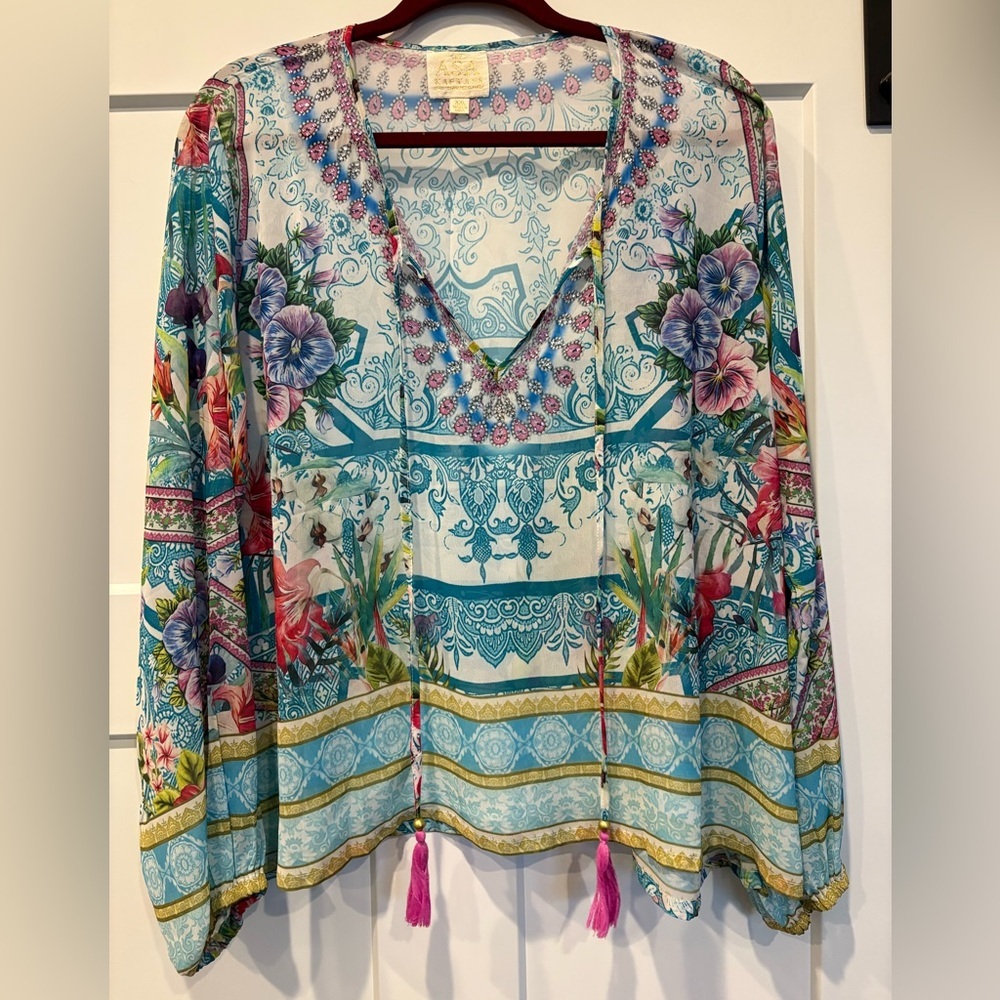 ASA Kaftans Women’s XXL Sheer Tassel Top. Multi print Multi Color. Embellished​